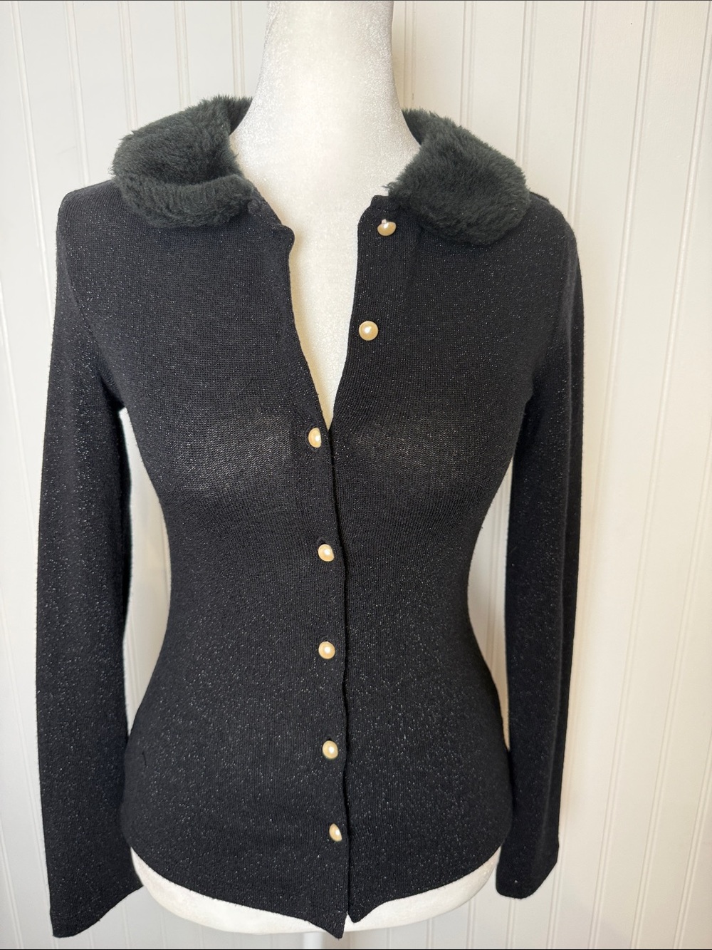 Vintage My Michelle Black Knit Cardigan with Faux Fur Collar